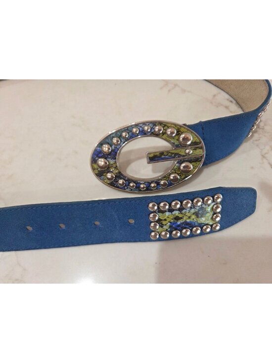 GUESS Vintage Y2K Sz M Blue Green Snakeskin Studded Leather Belt G Logo Buckle main image 6